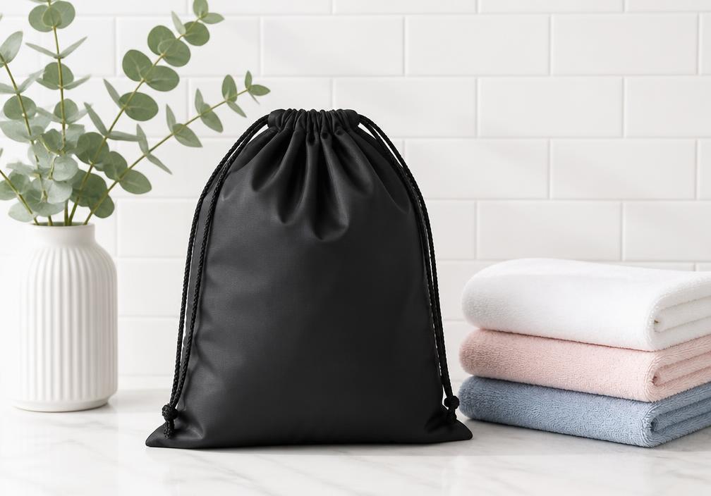 Black BKLYN Sista's laundry bag beside neatly folded towels and a vase of eucalyptus